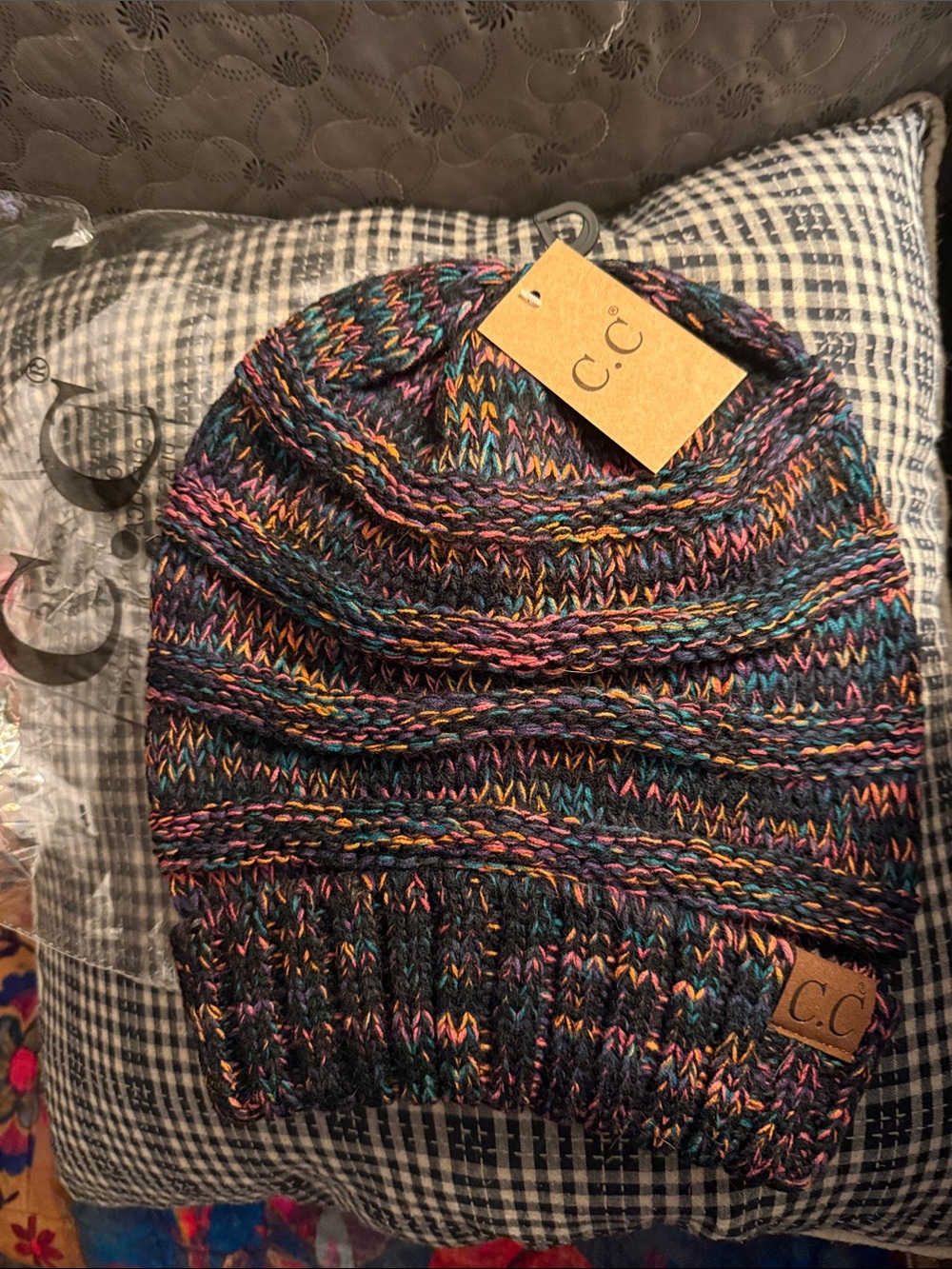 CC Boutique Black Multi-Color Knit Beanie, Slouchy Style